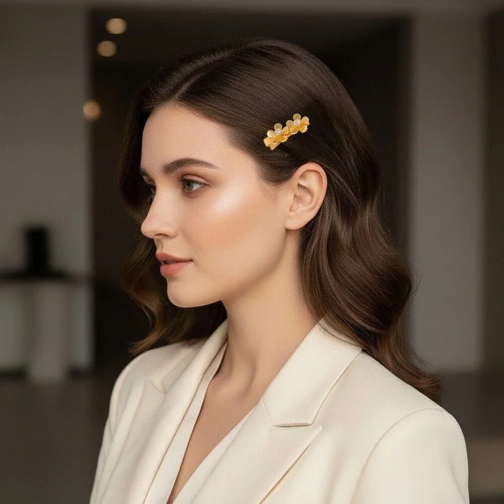 18K Gold Plated Stainless Steel Double Flower Crystal Barrett Elegant Hair Clip